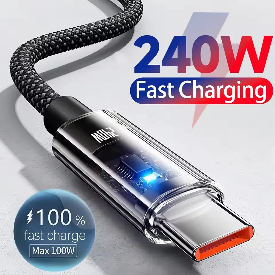 Usb C Cable - 240W ナイロン製 USB Type-C 超急速充電ケーブル。Samsung、Xiaomi、Huawei、Honorに対応。LEDデジタル表示付きUSB-C充電・データ転送ケーブル。